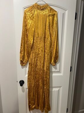 Anthropologie Golden Satin Long Sleeve Maxi Dress size M.